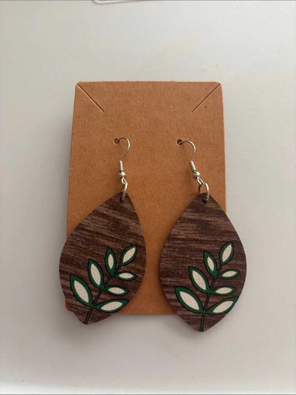 Fashion Jewelry Brown Teardrop Wood Earrings with Green and White Leaf Design - Picture 2 of 3